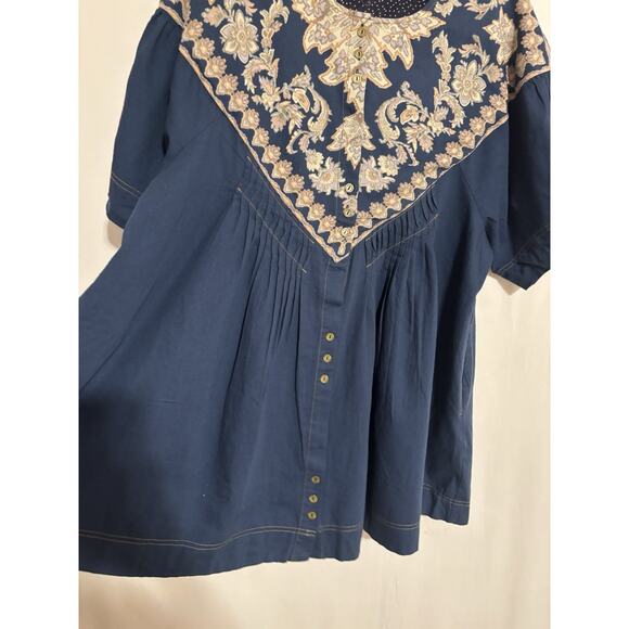 Free People Dress Large Aline Denim Embroidered Foral Short Sleeve Mini Boho - Picture 8 of 12